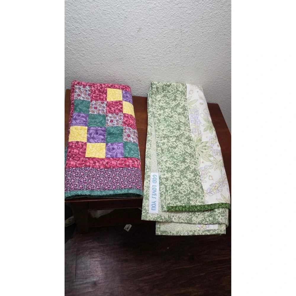 Handmade Patchwork Quilt Kids‎ Set Floral Paisley Multi Color Green White 2pc